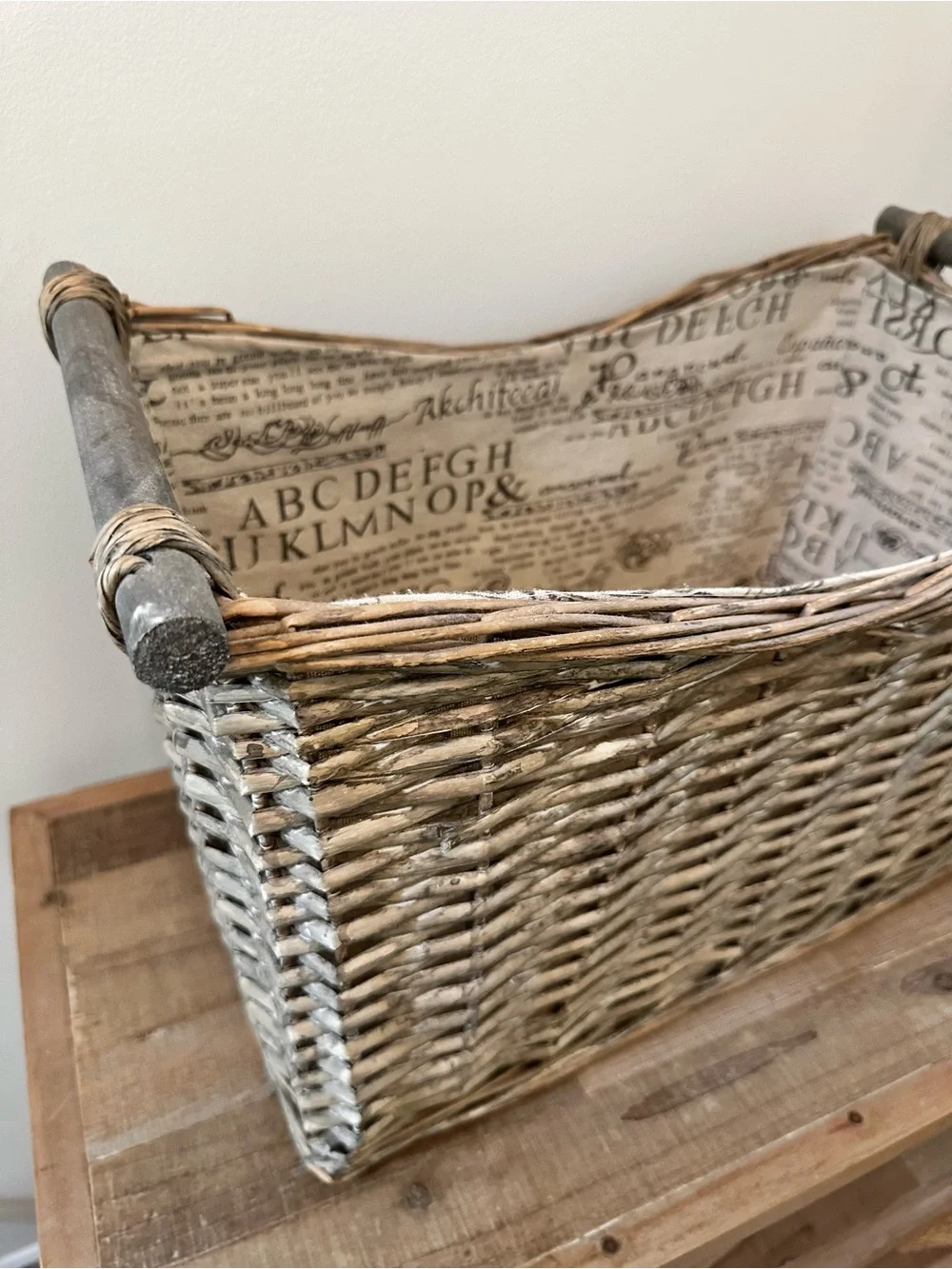 Woven Natural Rattan Storage Basket Fabric Liner Gray-Brown Handles  French Styl